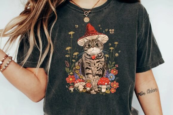 Download Vintage Mushroom Cat Cottagecore Aesthetic Flowers Whimsical Kitten Png - Premium Resources